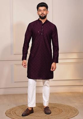 Wine Embroidered Cotton Blended Kurta Set For Men