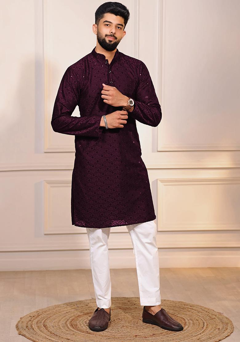 Wine Embroidered Cotton Blended Kurta Set For Men - Indya