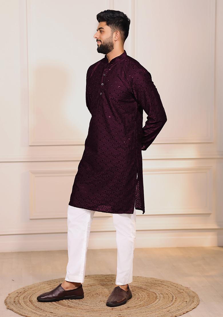 Wine Embroidered Cotton Blended Kurta Set For Men - Indya