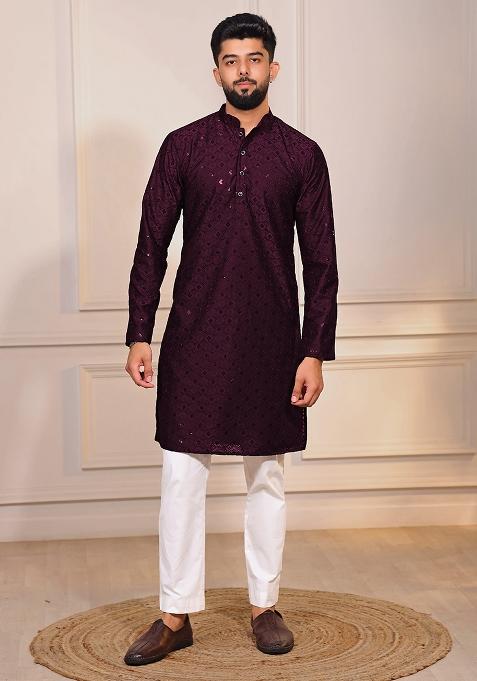 Wine Embroidered Cotton Blended Kurta Set For Men
