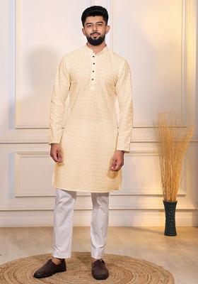 Cream Embroidered Cotton Blended Kurta Set For Men