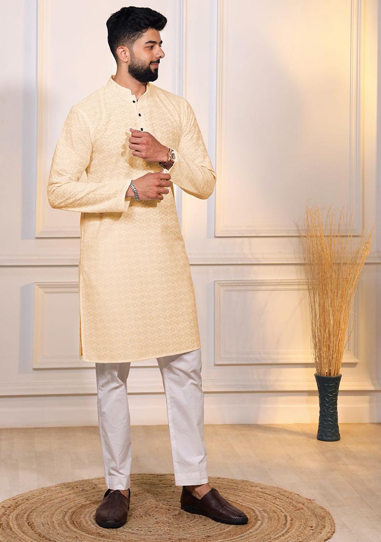 Cream Embroidered Cotton Blended Kurta Set For Men - Indya