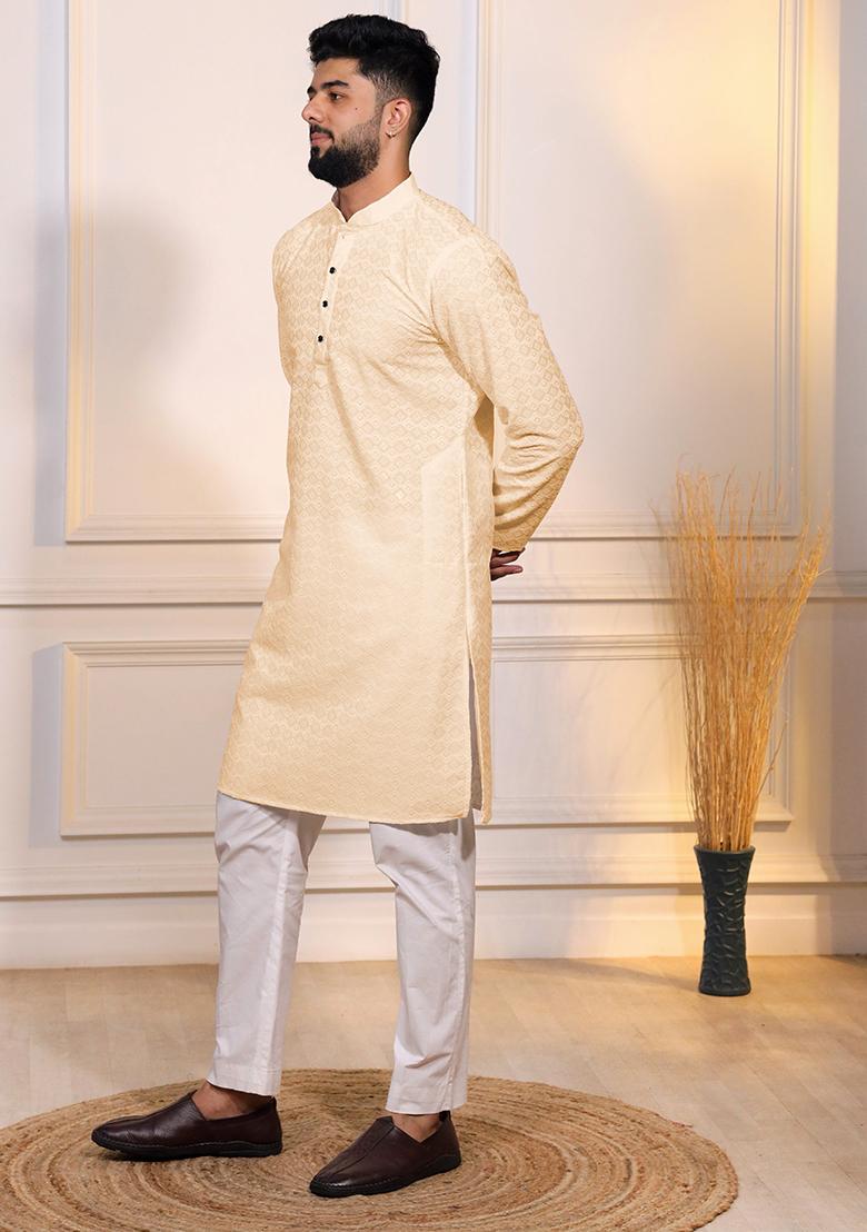 Cream Embroidered Cotton Blended Kurta Set For Men - Indya