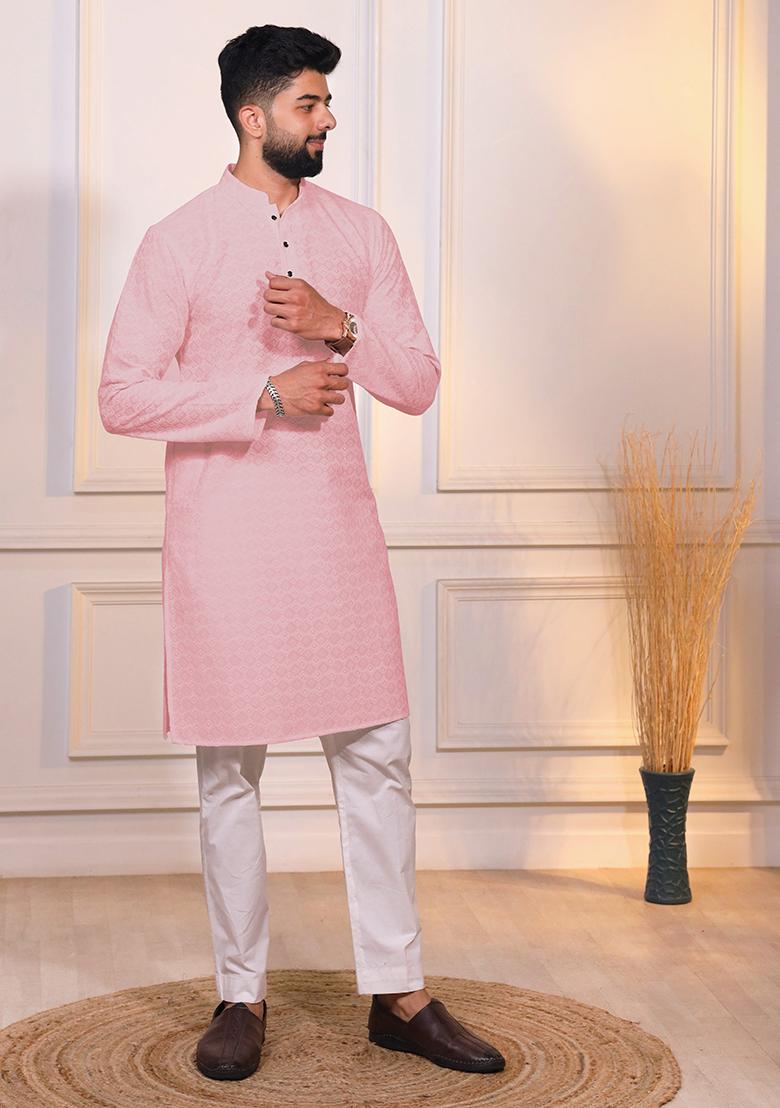 Pink Embroidered Cotton Blended Kurta Set For Men - Indya