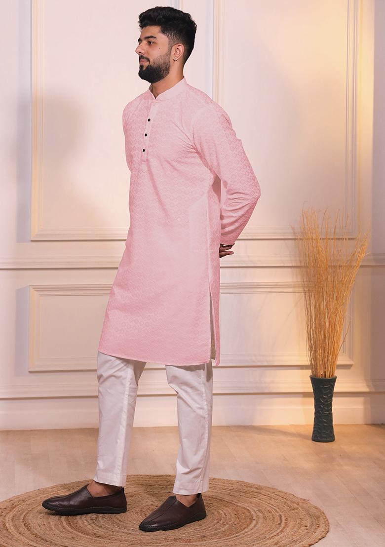 Pink Embroidered Cotton Blended Kurta Set For Men - Indya