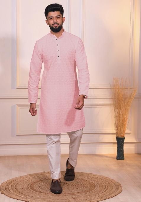 Pink Embroidered Cotton Blended Kurta Set For Men