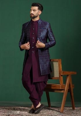 Navy Blue Embroidered Jacquard Indowestern Dhoti Set For Men