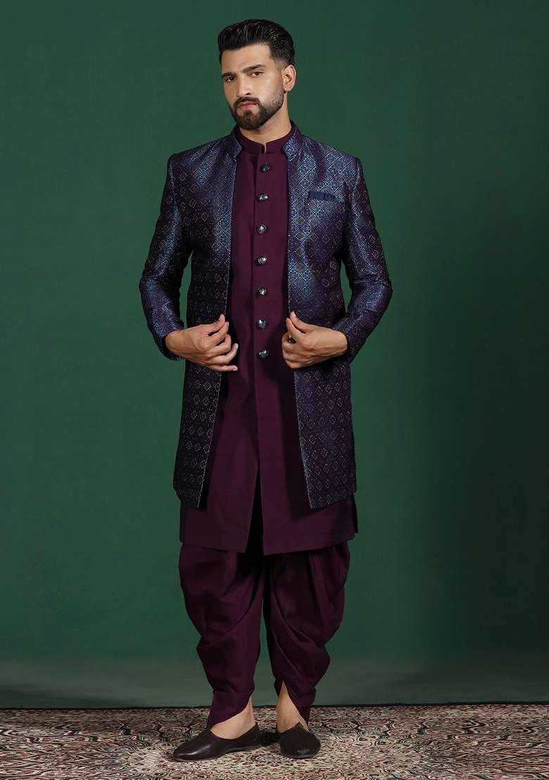 Navy Blue Embroidered Jacquard Indowestern Dhoti Set For Men - Indya