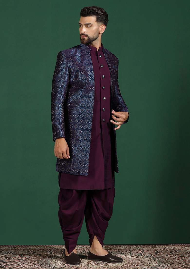 Navy Blue Embroidered Jacquard Indowestern Dhoti Set For Men - Indya