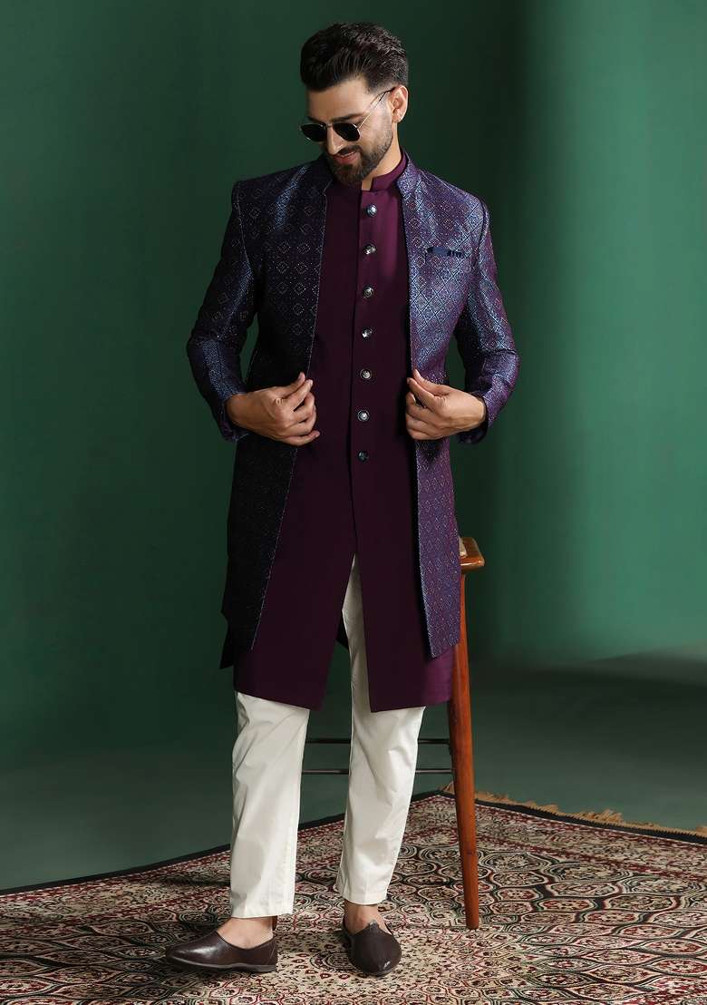 Navy Blue Embroidered Jacquard Indowestern Dhoti Set For Men - Indya