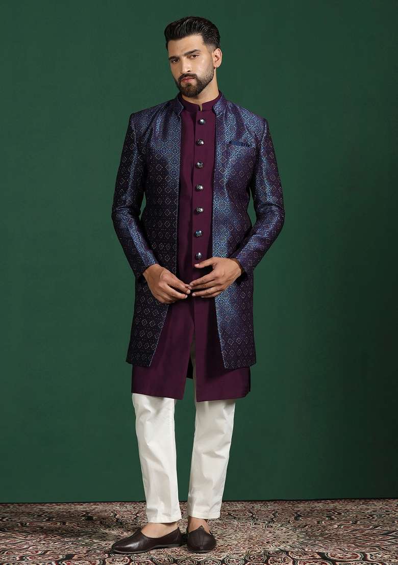 Navy Blue Embroidered Jacquard Indowestern Dhoti Set For Men - Indya