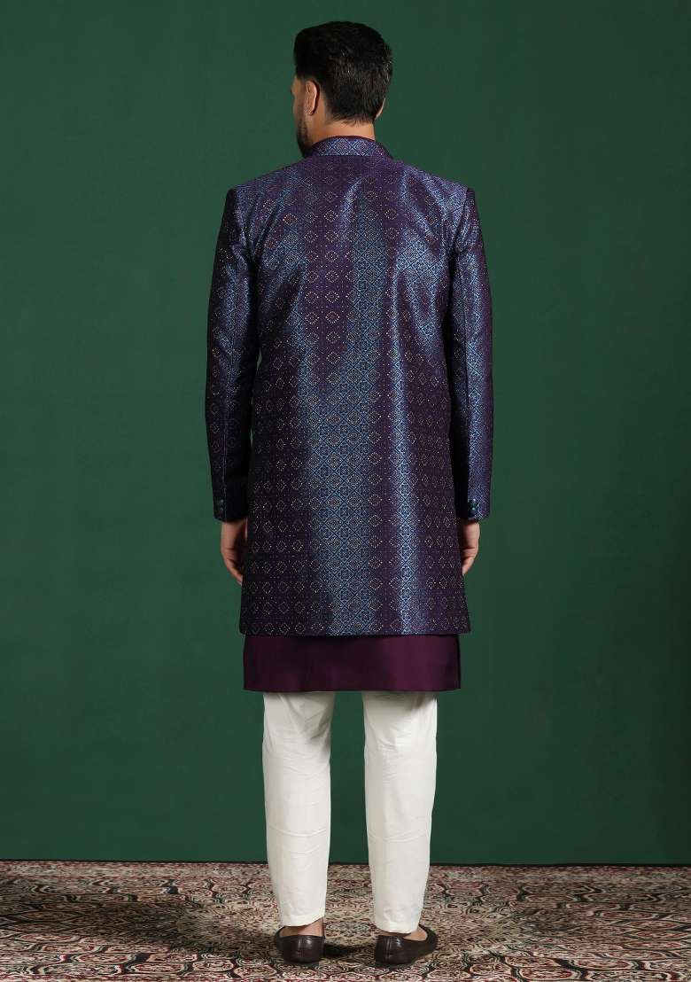 Navy Blue Embroidered Jacquard Indowestern Dhoti Set For Men - Indya