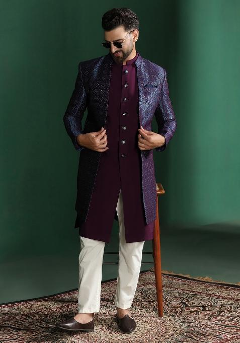 Navy Blue Embroidered Jacquard Indowestern Dhoti Set For Men