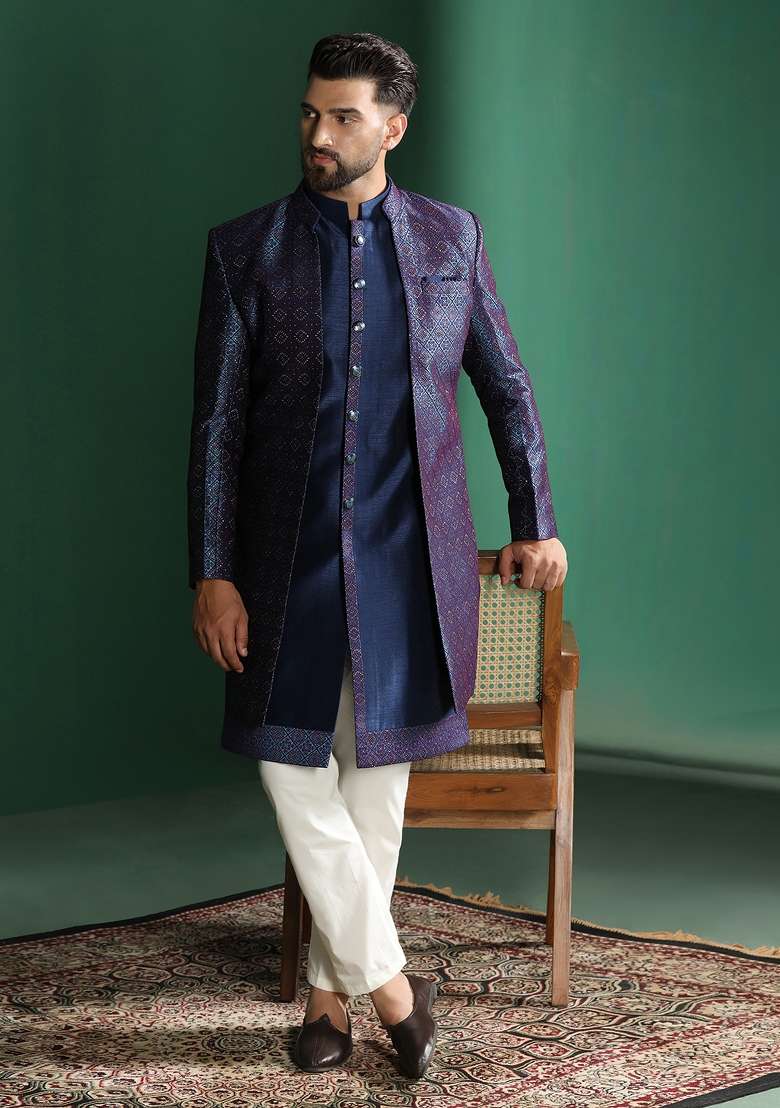 Navy Blue Embroidered Jacquard Indowestern Dhoti Set For Men - Indya
