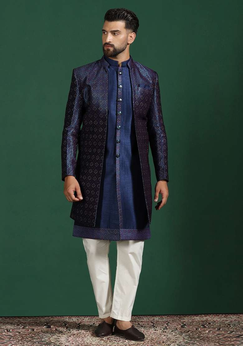 Navy Blue Embroidered Jacquard Indowestern Dhoti Set For Men - Indya
