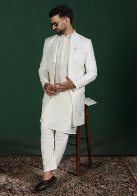 White Embroidered Cotton Blend Kurta Sherwani Pyjama Set For Men