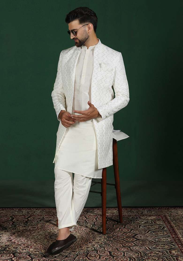 White Embroidered Cotton Blend Kurta Sherwani Pyjama Set For Men - Indya