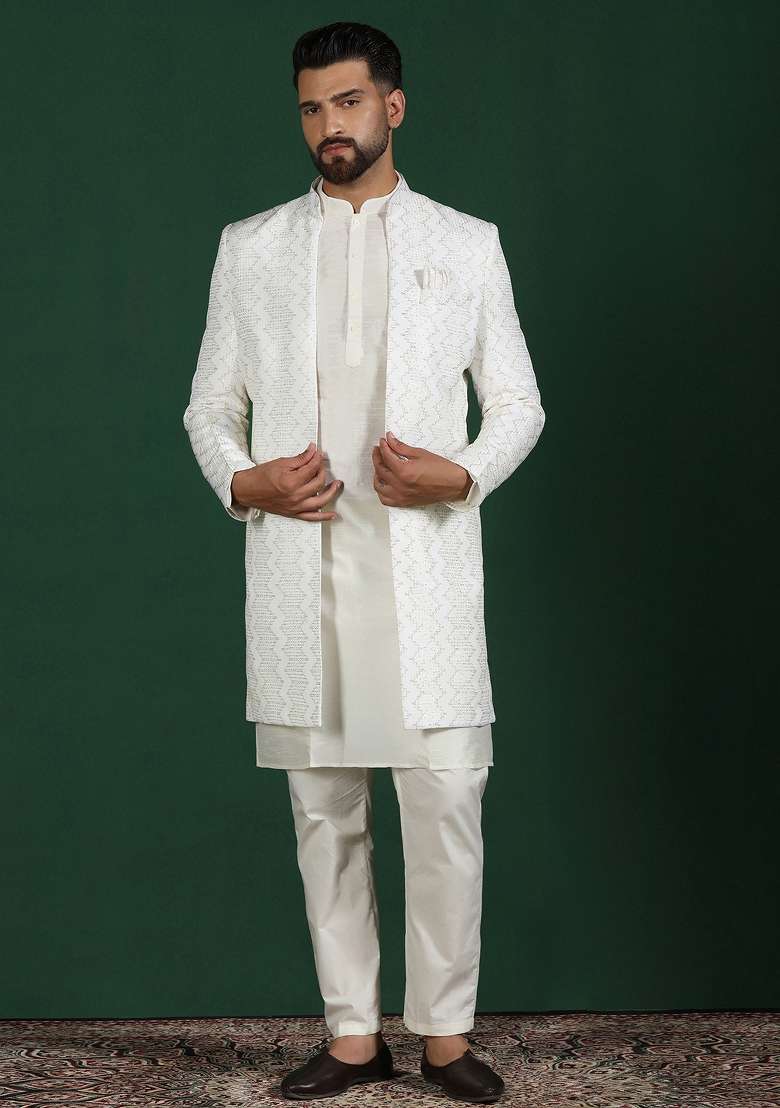 White Embroidered Cotton Blend Kurta Sherwani Pyjama Set For Men - Indya