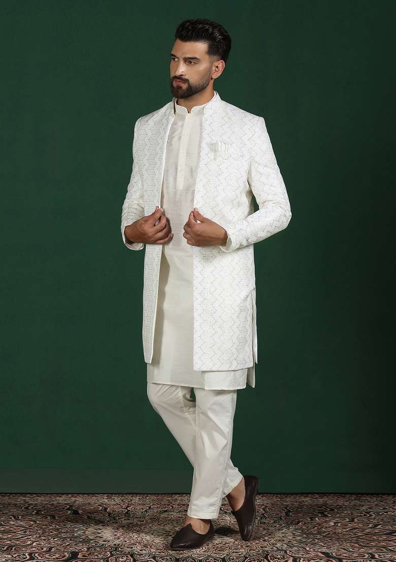 White Embroidered Cotton Blend Kurta Sherwani Pyjama Set For Men - Indya