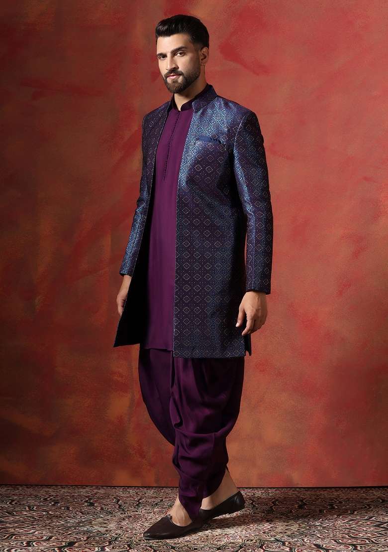 Navy Blue Embroidered Jacquard Kurta Sherwani Dhoti Set For Men - Indya