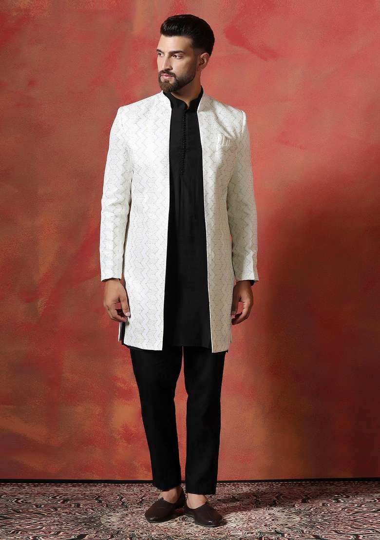 White Embroidered Cotton Blend Kurta Sherwani Pyjama Set For Men - Indya
