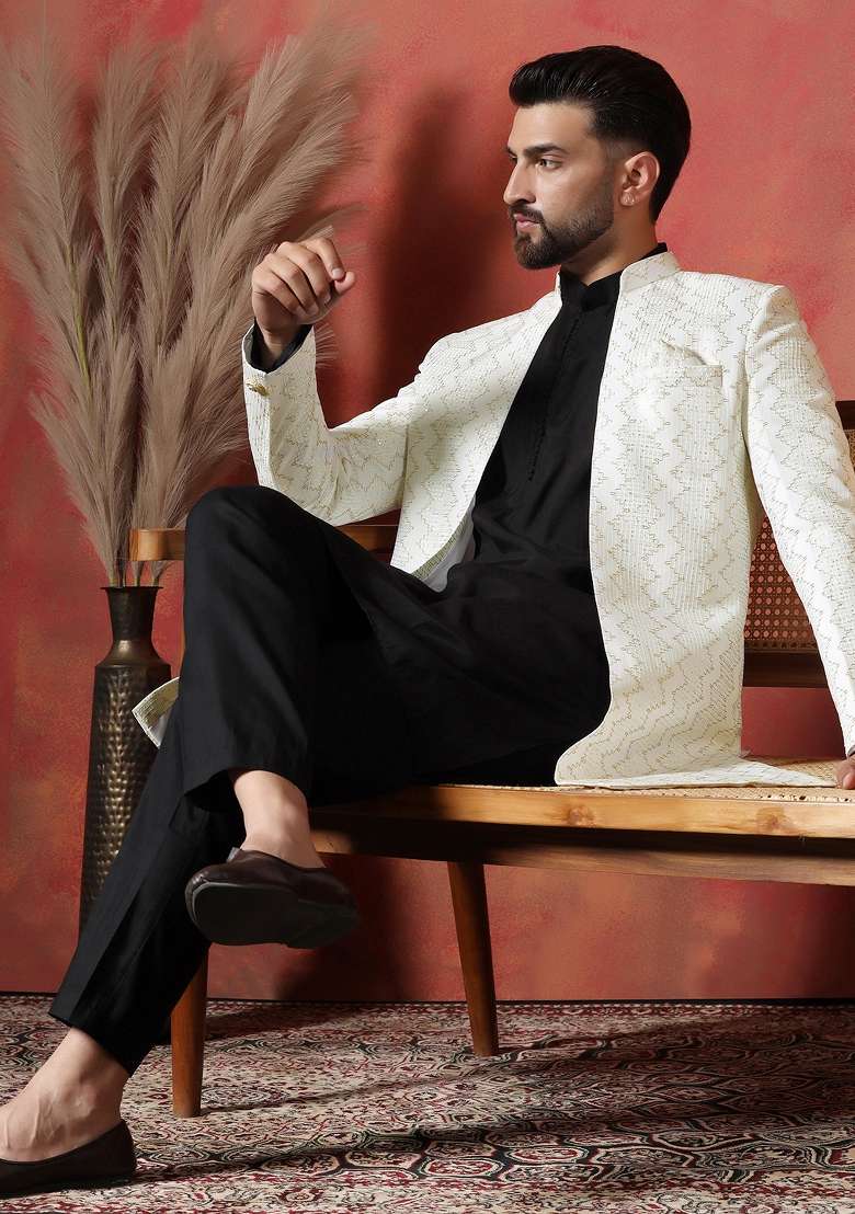 White Embroidered Cotton Blend Kurta Sherwani Pyjama Set For Men - Indya