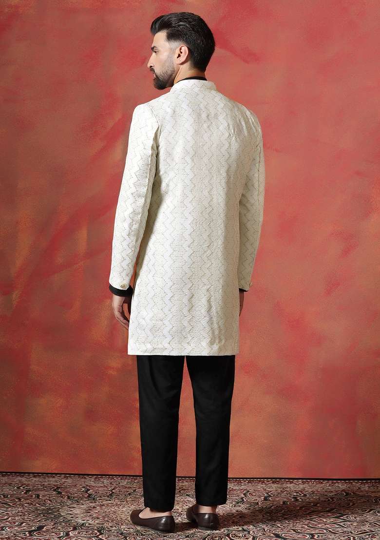 White Embroidered Cotton Blend Kurta Sherwani Pyjama Set For Men - Indya