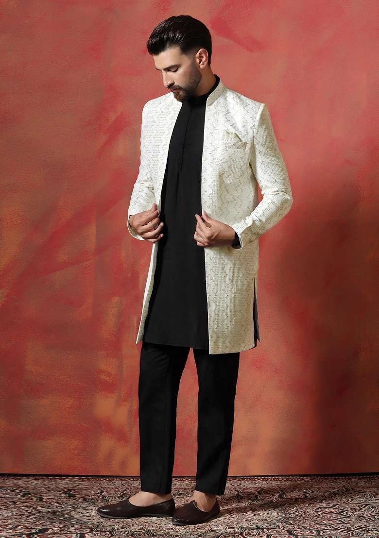 White Embroidered Cotton Blend Kurta Sherwani Pyjama Set For Men - Indya
