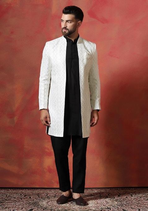 White Embroidered Cotton Blend Kurta Sherwani Pyjama Set For Men
