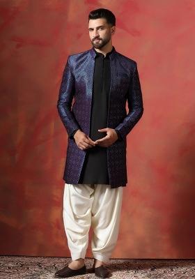 Navy Blue Embroidered Jacquard Kurta Sherwani Patiala Set For Men