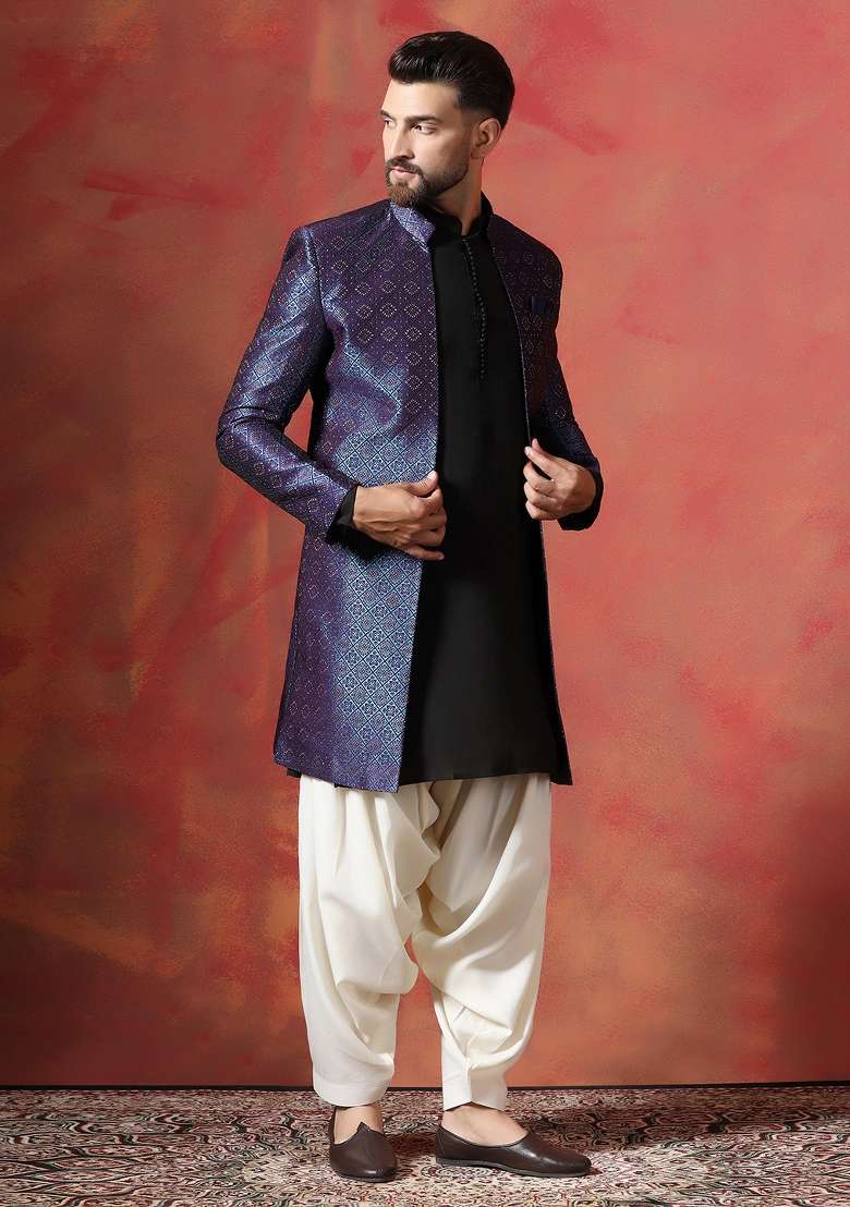 Navy Blue Embroidered Jacquard Kurta Sherwani Patiala Set For Men - Indya