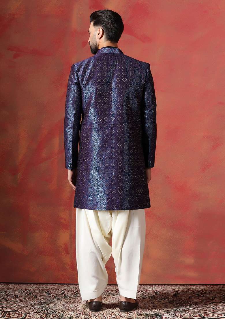 Navy Blue Embroidered Jacquard Kurta Sherwani Patiala Set For Men - Indya