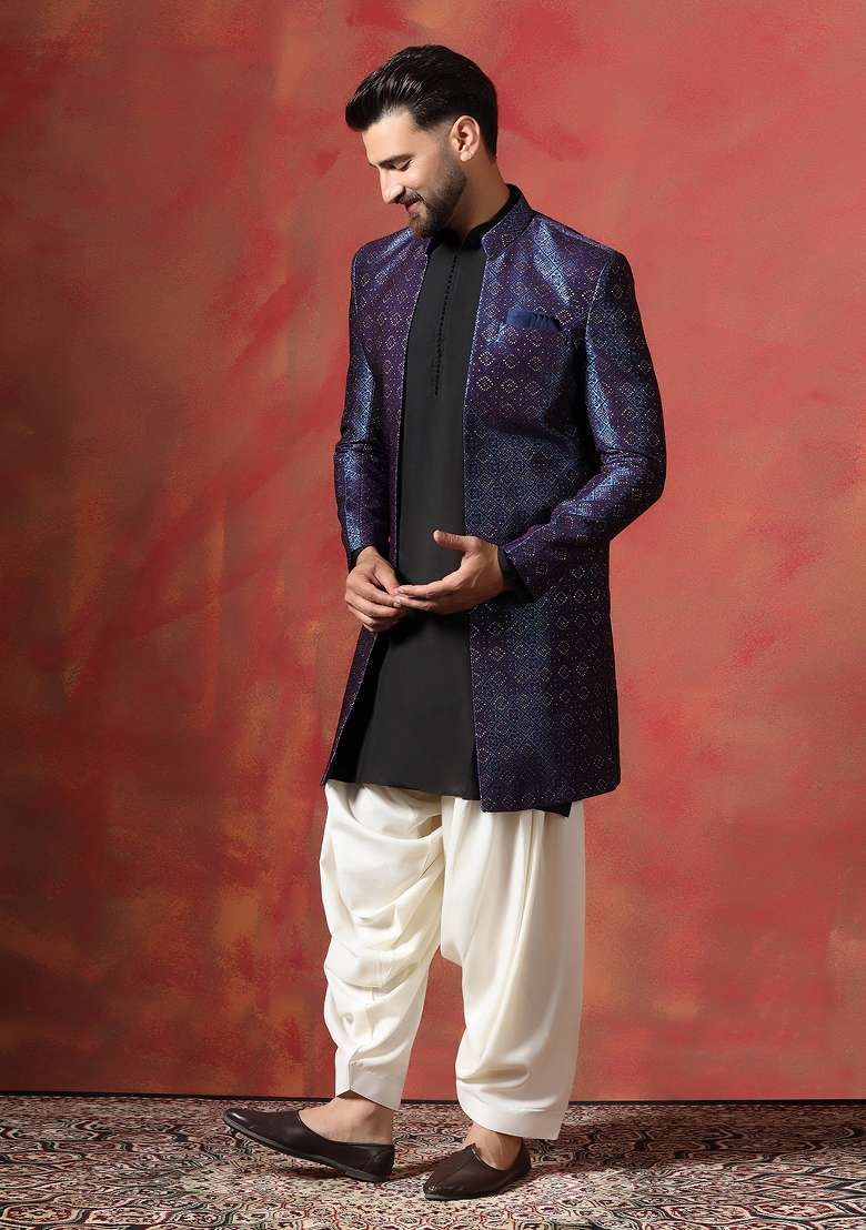Navy Blue Embroidered Jacquard Kurta Sherwani Patiala Set For Men - Indya