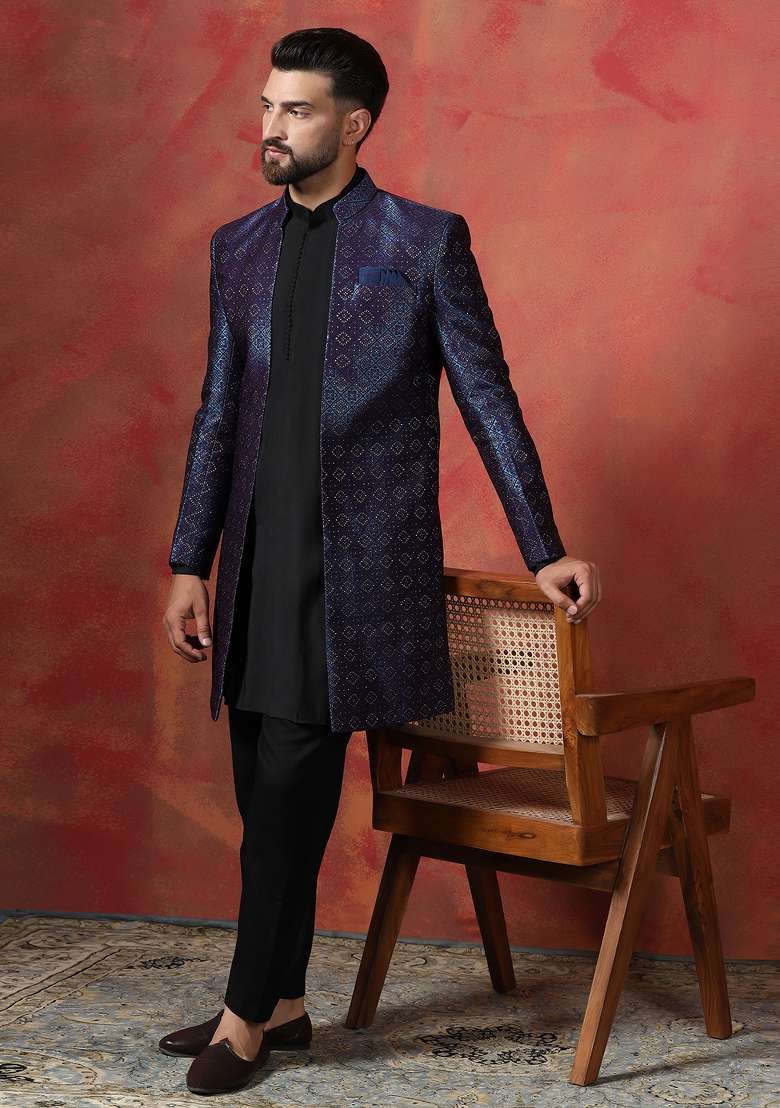 Navy Blue Embroidered Jacquard Kurta Sherwani Pyjama Set For Men - Indya
