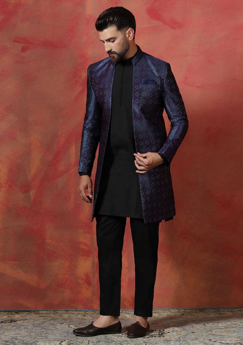 Navy Blue Embroidered Jacquard Kurta Sherwani Pyjama Set For Men - Indya