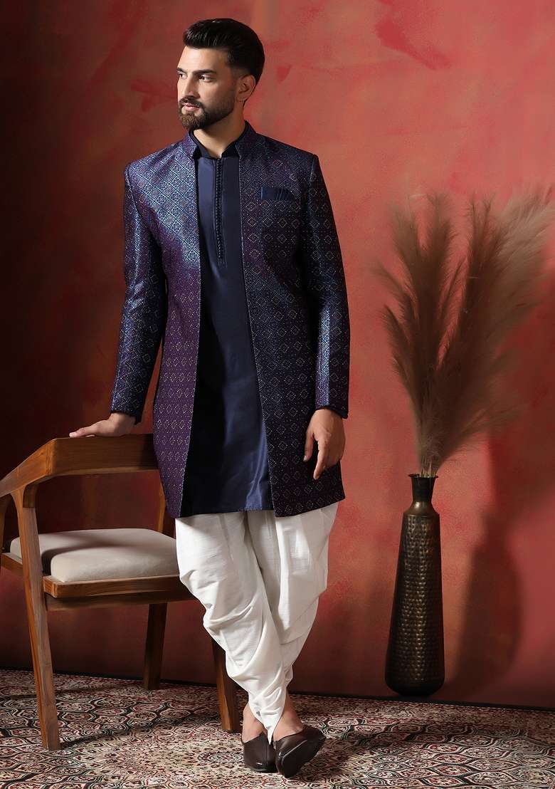 Navy Blue Embroidered Jacquard Kurta Sherwani Dhoti Set For Men - Indya