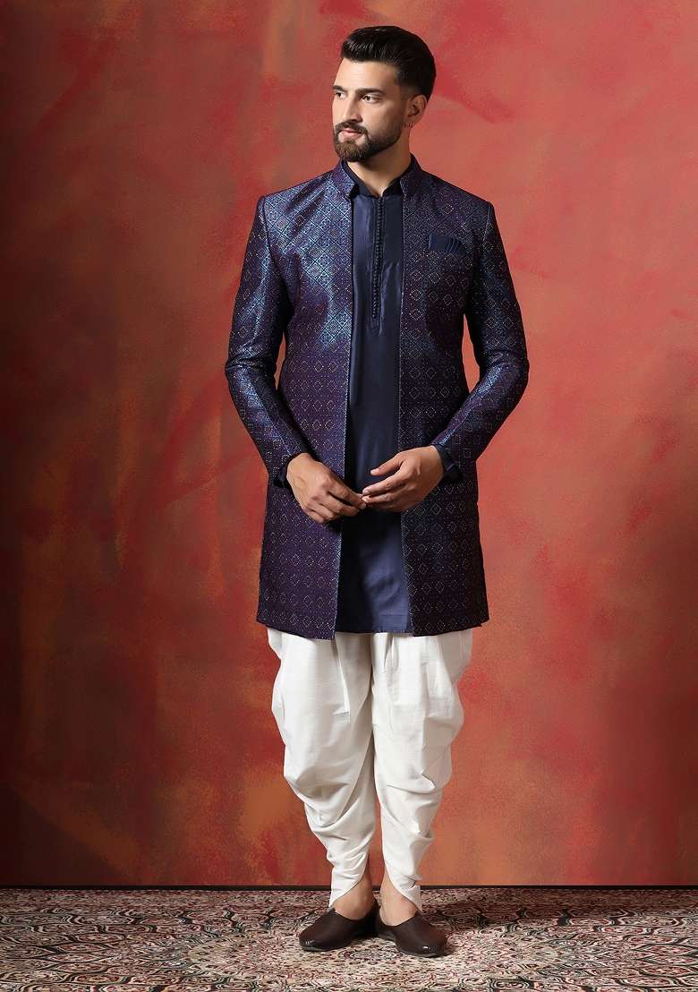 Navy Blue Embroidered Jacquard Kurta Sherwani Dhoti Set For Men - Indya