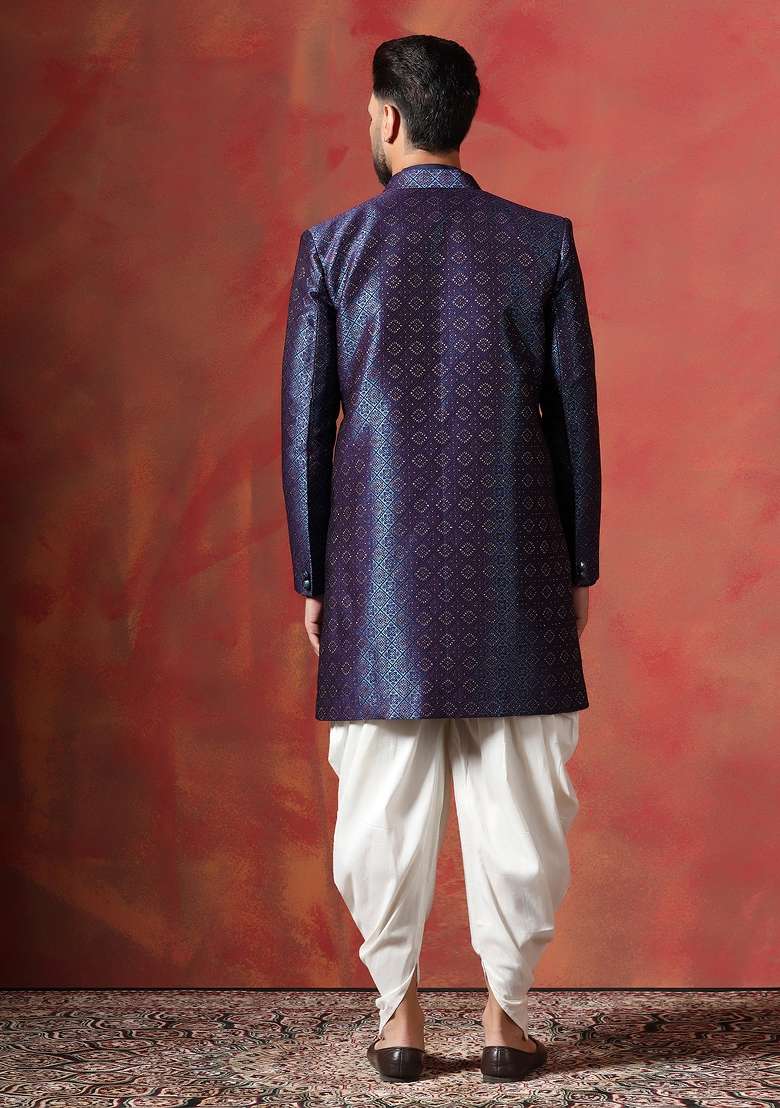 Navy Blue Embroidered Jacquard Kurta Sherwani Dhoti Set For Men - Indya