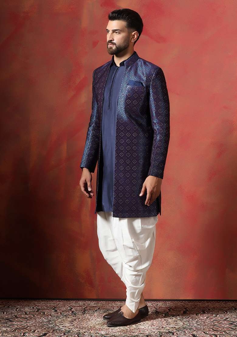 Navy Blue Embroidered Jacquard Kurta Sherwani Dhoti Set For Men - Indya