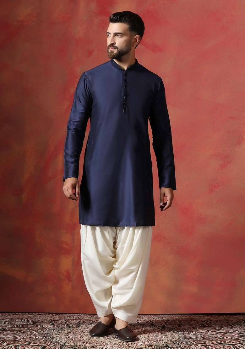 Blue Paisley Cotton Blend Kurta Sherwani Patiala Set For Men - Indya