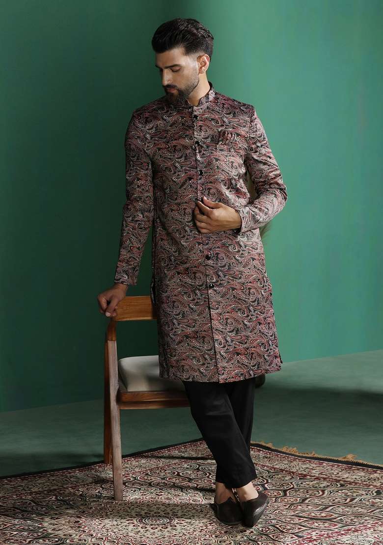 Maroon Paisley Cotton Blend Sherwani Set For Men - Indya