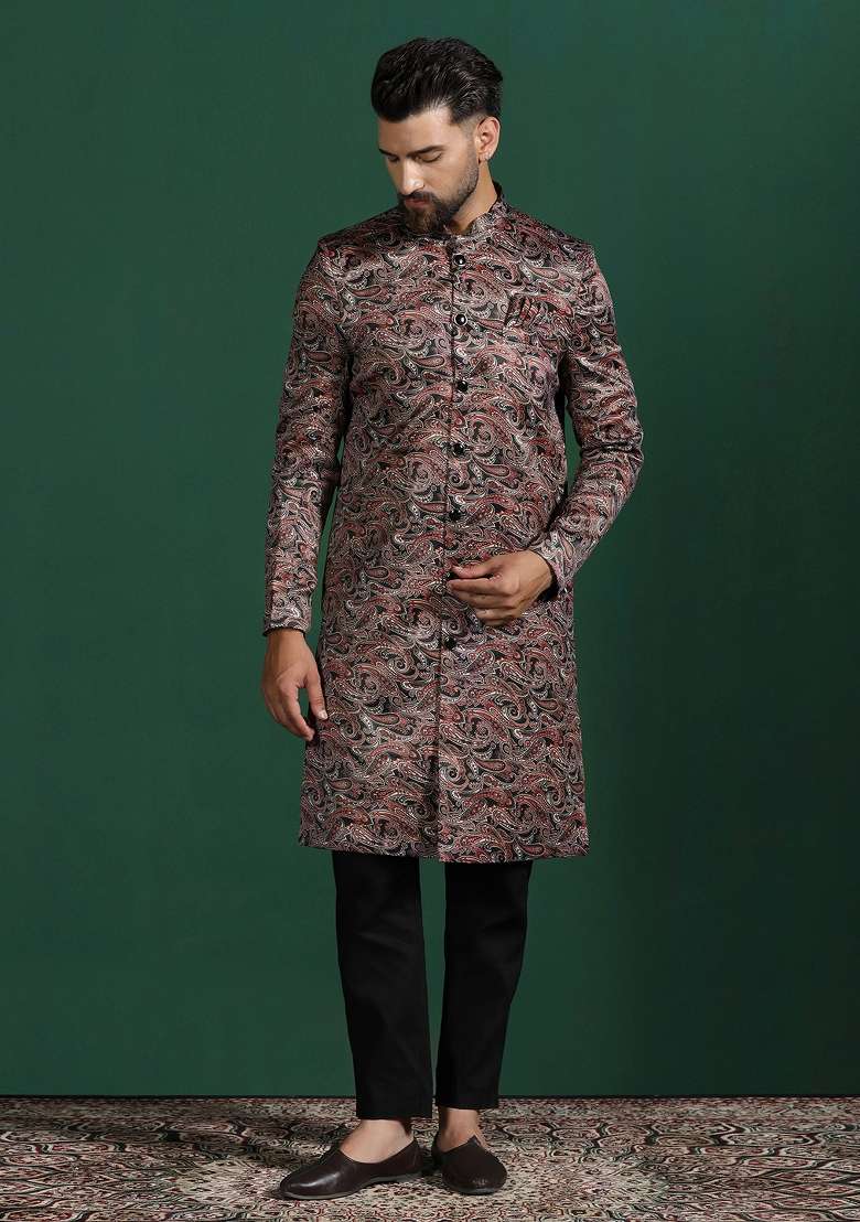 Maroon Paisley Cotton Blend Sherwani Set For Men - Indya