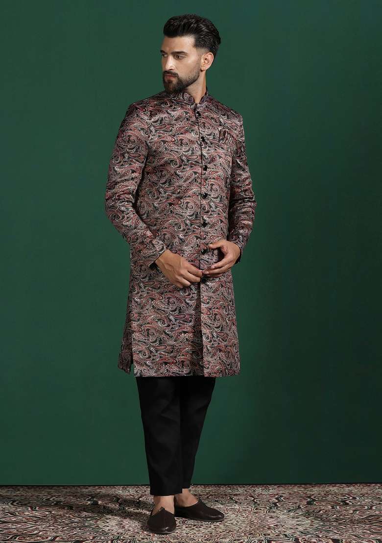 Maroon Paisley Cotton Blend Sherwani Set For Men - Indya