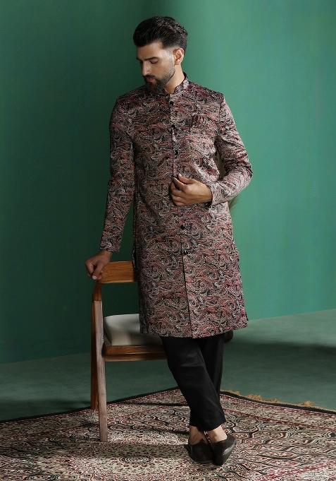 Maroon Paisley Cotton Blend Sherwani Set For Men