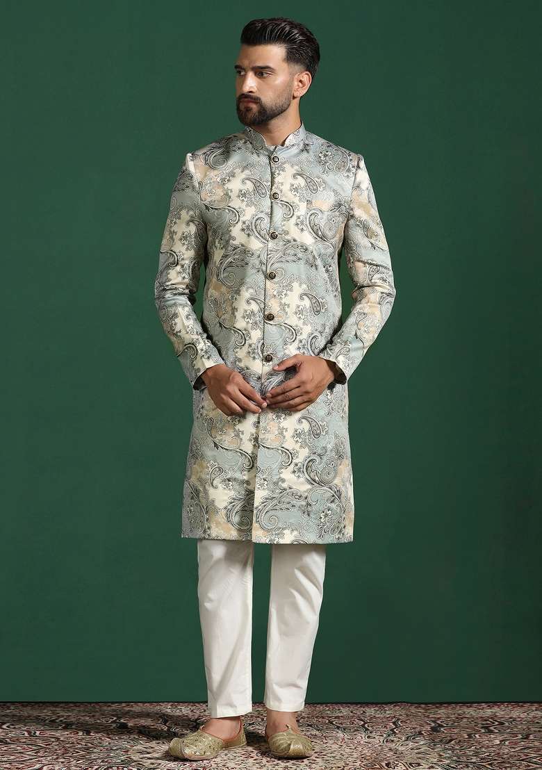 Grey Paisley Cotton Blend Sherwani Set For Men - Indya