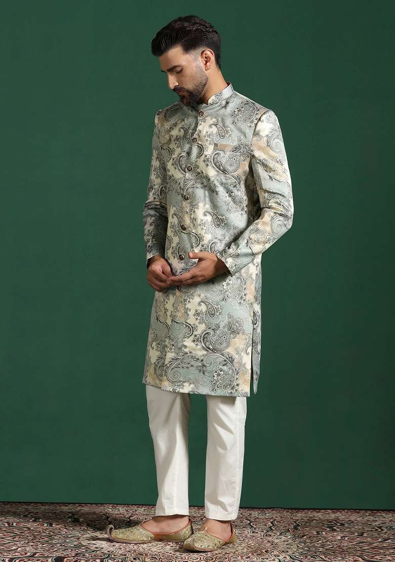 Grey Paisley Cotton Blend Sherwani Set For Men - Indya