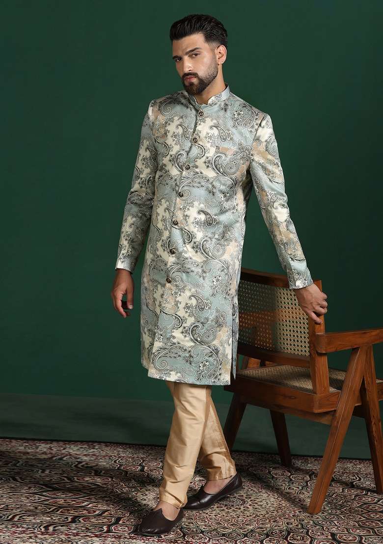 Grey Paisley Cotton Blend Sherwani Set For Men - Indya