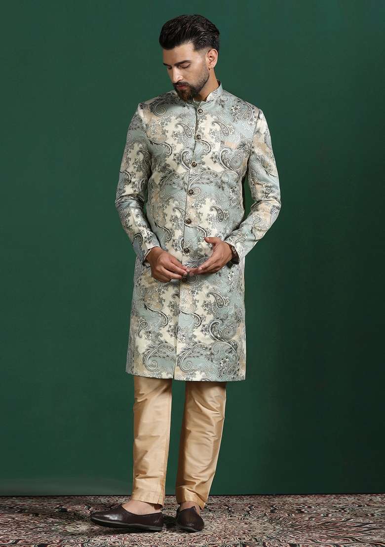 Grey Paisley Cotton Blend Sherwani Set For Men - Indya