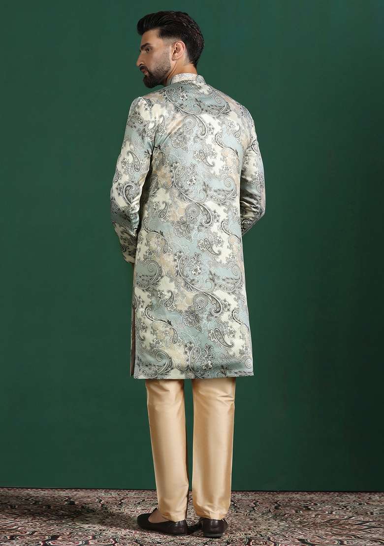 Grey Paisley Cotton Blend Sherwani Set For Men - Indya