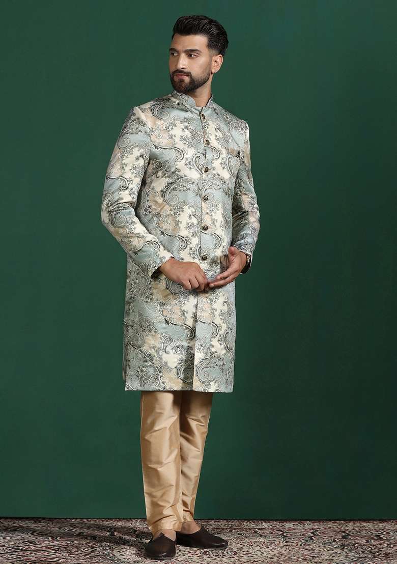 Grey Paisley Cotton Blend Sherwani Set For Men - Indya